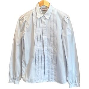 80s Perennial Blouse Light Blue Pleated Front Puffed Shoulder Dark Academia